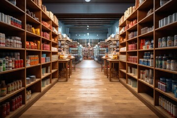 an empty store aisle with wood shelf shelves Generative AI