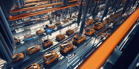 Top view of a car manufacturing plant, the skeletal frames of vehicles moving along the assembly line like a metallic river , concept of Mass production, created with Generative AI technology