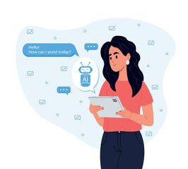 ChatGPT AI chat concept, artificial intelligence. Business lady uses the technology of a smart AI robot. Dialogue between the AI assistant and the user in the messenger.