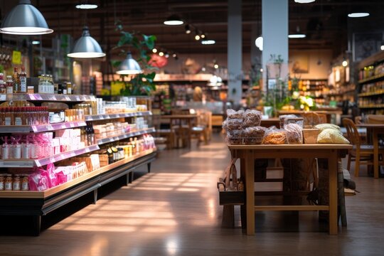 wooden wooden table, aisle and grocery store Generative AI