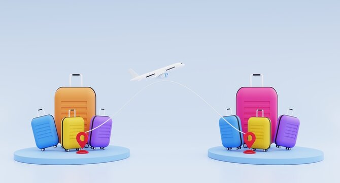 Airplane, travel, trip planning, pin position luggage travel, summer vacation travel concept. 3d rendering.