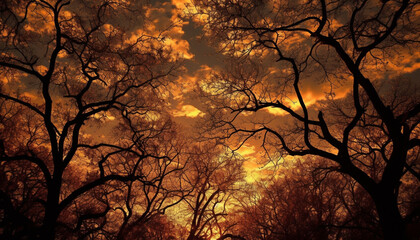 Silhouette branch back lit by vibrant sunset generated by AI