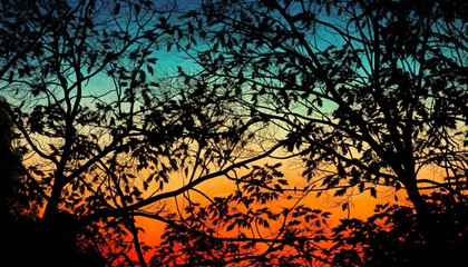 Obraz premium Silhouette tree back lit by vibrant sunset generated by AI