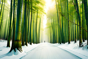 crossing through a bamboo forest in winter