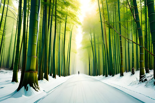 Crossing Through A Bamboo Forest In Winter