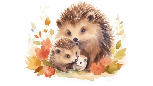 Cute little hedgehog with mom.Watercolor cartoon.Generative AI