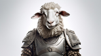 A sheep dressed as a knight. Generative AI.