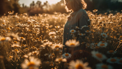 One woman smiling in chamomile meadow generated by AI