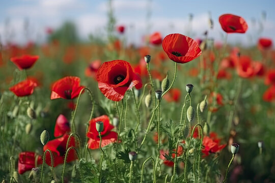 Red poppies in a poppies field - desaturated background.AI generated