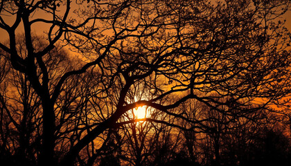 Silhouette of tree back lit by sunset generated by AI