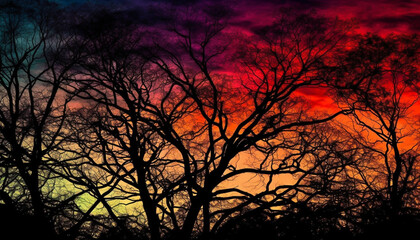 Silhouette of acacia tree back lit by sunset generated by AI