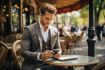 Hipster man working on his smartphone in the street cafe