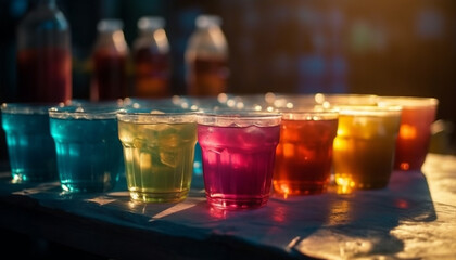 Multi colored cocktails on bar counter, illuminated nightlife generated by AI