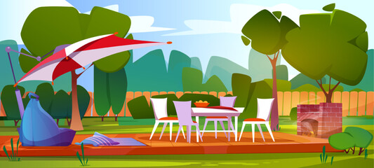 BBQ party scenery. Landscape with stone grill or stove, white table and chairs, large umbrella and armchair. Backyard with fence and outdoor picnic furniture. Cartoon flat vector illustration