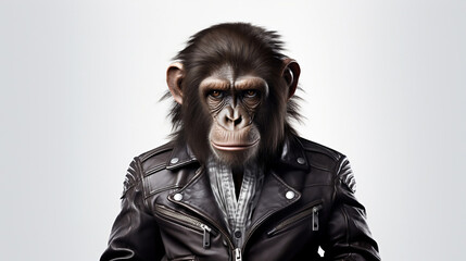 Monkey with leather jacket. Generative AI.