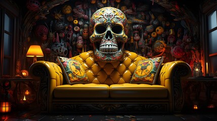 skull on a yellow couch 