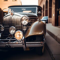 Obraz na płótnie Canvas Vintage car amidst urban architecture exudes classic charm and timeless appeal.