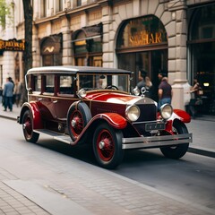 Vintage car cruises through city streets, showcasing charm and architectural backdrop.
