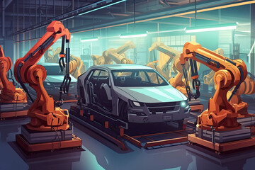 Car Factory 3D Concept: Automated Robot Arm Assembly Line Manufacturing High-Tech Green Energy Electric Vehicles.AI generated