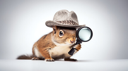 A squirrel wearing a detective hat and magnifying glass. Generative AI.