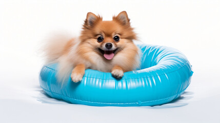 German spitz dog with pool float. Generative AI.