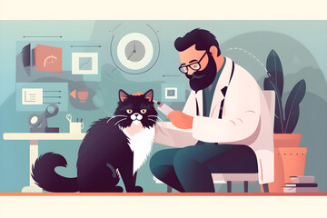 Flat vector illustration persian cat with veterinarian doctor 