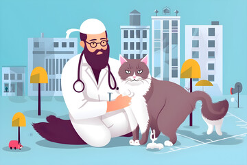 Flat vector illustration Persian cat with veterinarian doctor 