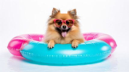 German spitz dog with pool float. Generative AI.