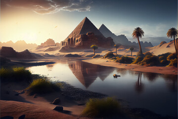 scenic illustration of the great pyramids and Nile river. AI