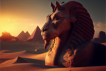 illustration of stylized temple sphinx at night in Egypt. AI - obrazy, fototapety, plakaty
