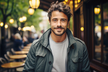 Fototapeta premium Portrait of a attractive smiling man standing on the city street 