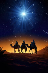 Three Wise Men Silhouette in Night Desert Setting: Guided by the Bright Blue Star