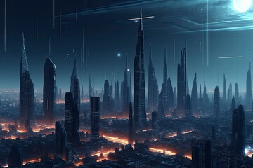 High-rise buildings, flying vehicles, and lush vegetation all coexist in futuristic fantasy cityscape.AI generated