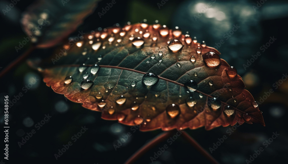 Poster fresh green leaf with dew drop reflection generated by ai