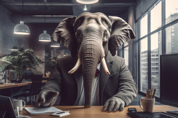 Fototapeta na wymiar Businessman elephant in a business suit sitting in his office working, ai generative