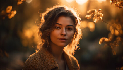 Young woman enjoys nature elegance at sunset generated by AI