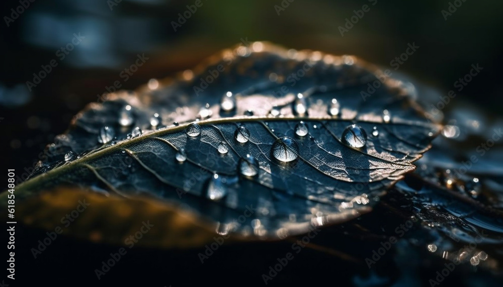 Poster fresh green leaf with dew drop reflection generated by ai