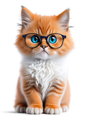 A little red kitten with glasses and blue eyes. isolated on white background, generative AI