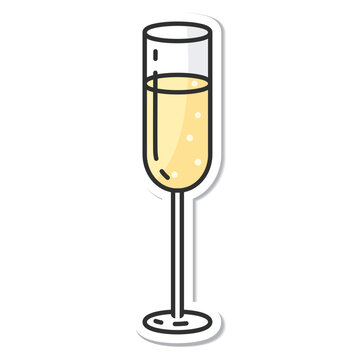 Sticker glass of white sparkling wine isolated vector illustration, minimal design. champagne icon on a white background.