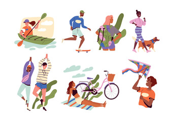 Summer outdoor activities set. Young people have fun and do yoga, go boating and skating, cycling and walking dog. Happy characters resting. Cartoon flat vector collection isolated on white background