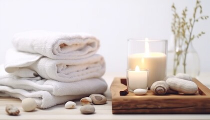 Obraz na płótnie Canvas Spa towels with stones and candles on a white background, wood board, fluid and organic. Generative AI