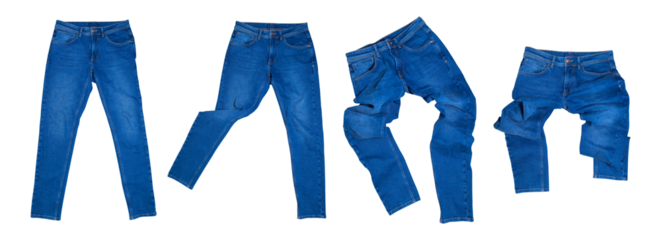 Cut out clothing. Blue jeans isolated on white background. With clipping path. Men's or women's jeans, unisex denim trousers, template, logo application, advertising. Mockup for your design