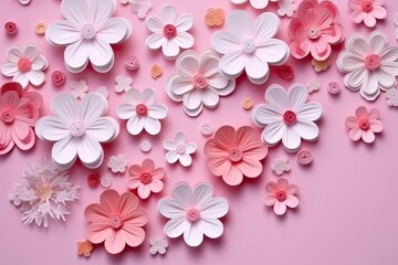 Fototapeta na wymiar Pink flowers on background, paper cut art. Generative AI