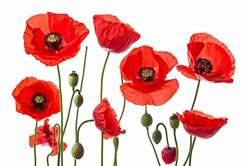 Fototapeta premium Three red poppy flowers isolated on white background, studio shot.AI generated