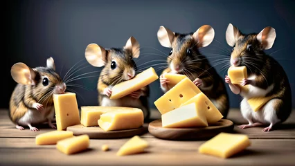 Fotobehang Generative AI image of a group of mice eating cheese. © W.Scott McGill