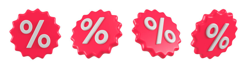 Set of discount red emblems for sales and shopping online. Price percent tag offer promotion isolated. 3d rendering. - obrazy, fototapety, plakaty