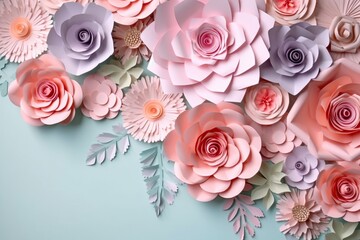 Colorful flowers on blue background with copy space, paper cut art. Generative AI