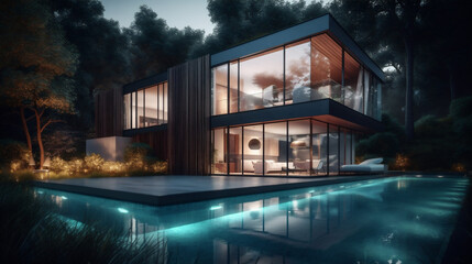 Modern multi-level luxury home/house exterior with pool and glowing interior lights. Generative ai.