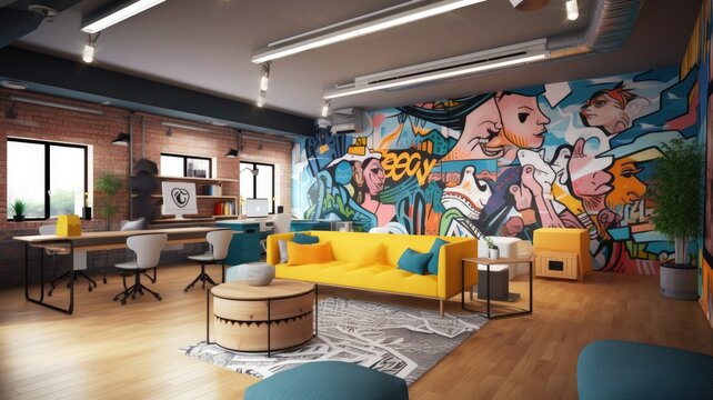 Inspiring office interior design Eclectic style Collaborative space featuring Colorful mural architecture. Generative AI AIG 31.