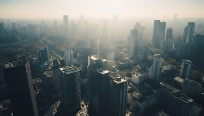 Modern city skyline illuminated at dusk, futuristic growth generated by AI